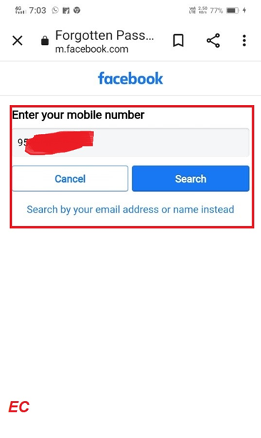 Enter Facebook Mobile Number