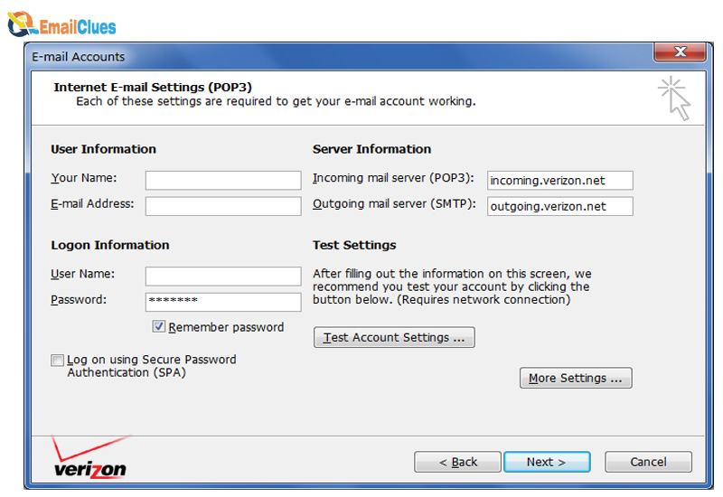 Internet Verizon SMTP Details